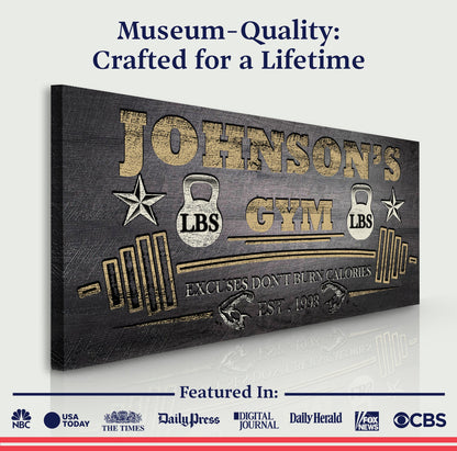 Gym Sign VIII canvas with distressed wood texture and gold lettering by Tailored Canvases on Tampa Home & Garden Store