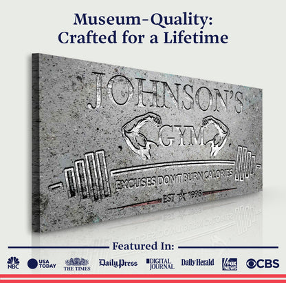 Gym Sign IX canvas by Tailored Canvases; weathered gray textured canvas with bold lettering on Tampa Home & Garden Store