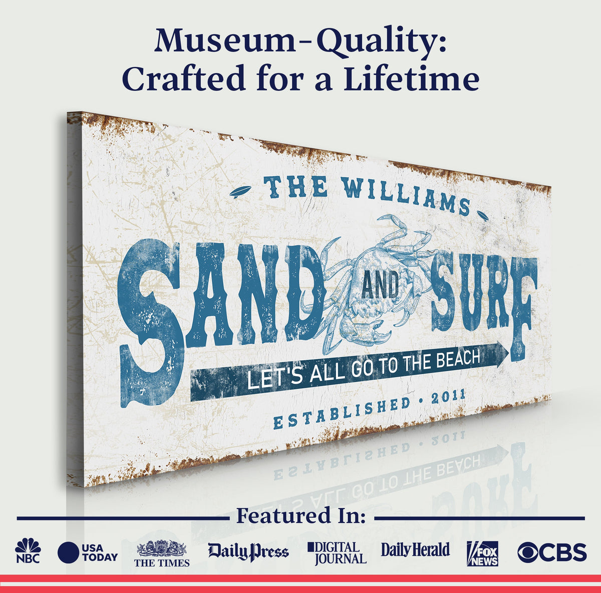 Sand And Surf canvas sign with distressed white background and blue text by Tailored Canvases on Tampa Home & Garden Store