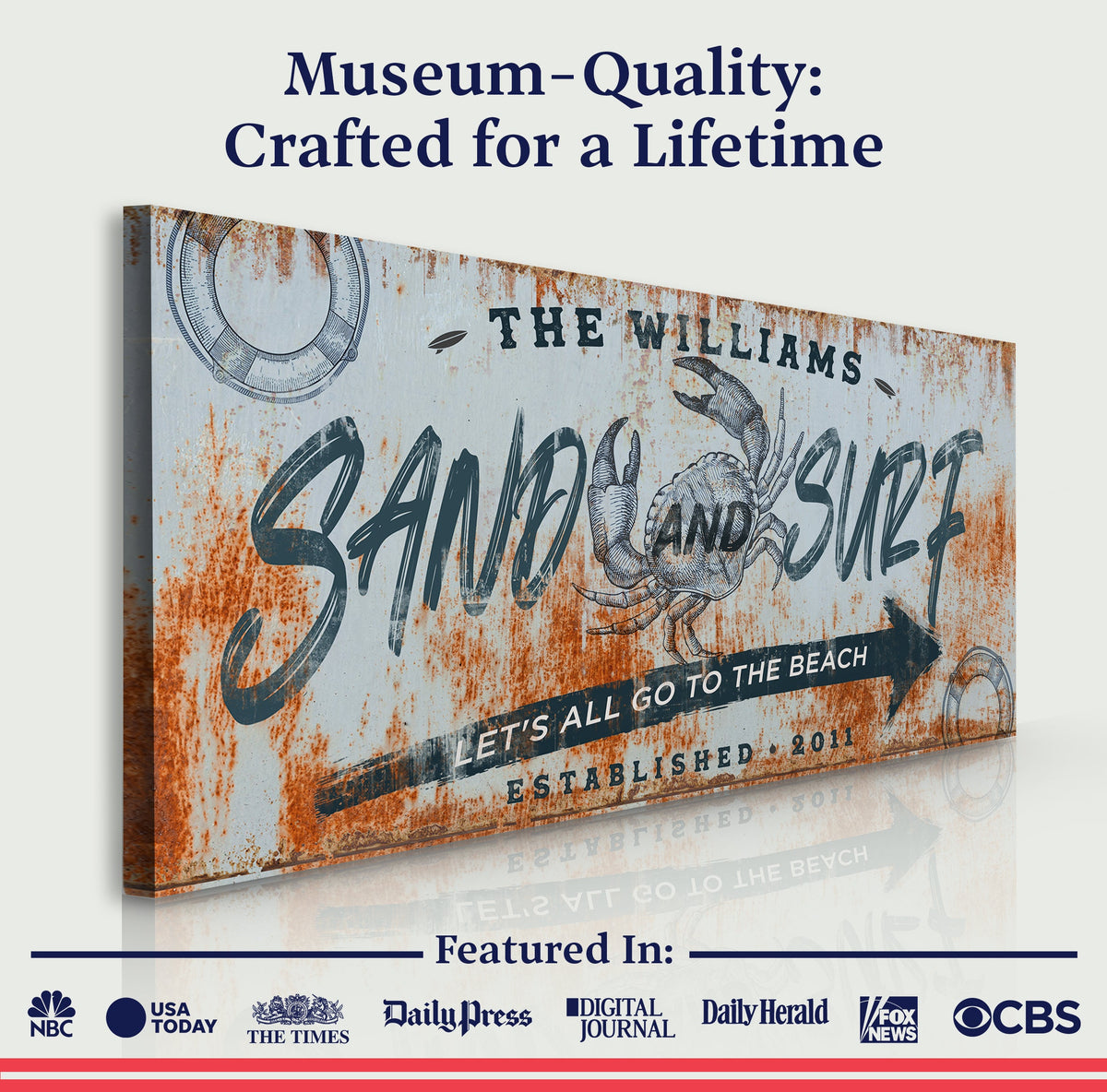 Sand And Surf Sign V canvas crafting artwork by Tailored Canvases with a rusted beach scene on Tampa Home & Garden Store