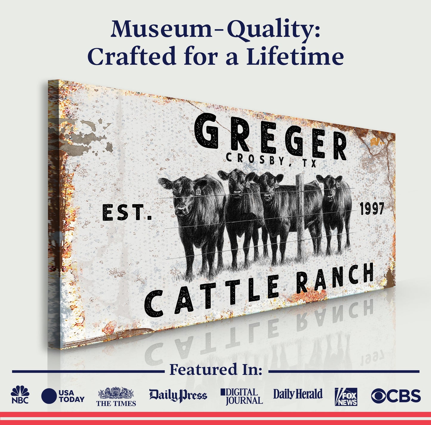 Cattle Ranch rustic sign canvas by Tailored Canvases with distressed vintage cattle photo on Tampa Home & Garden Store
