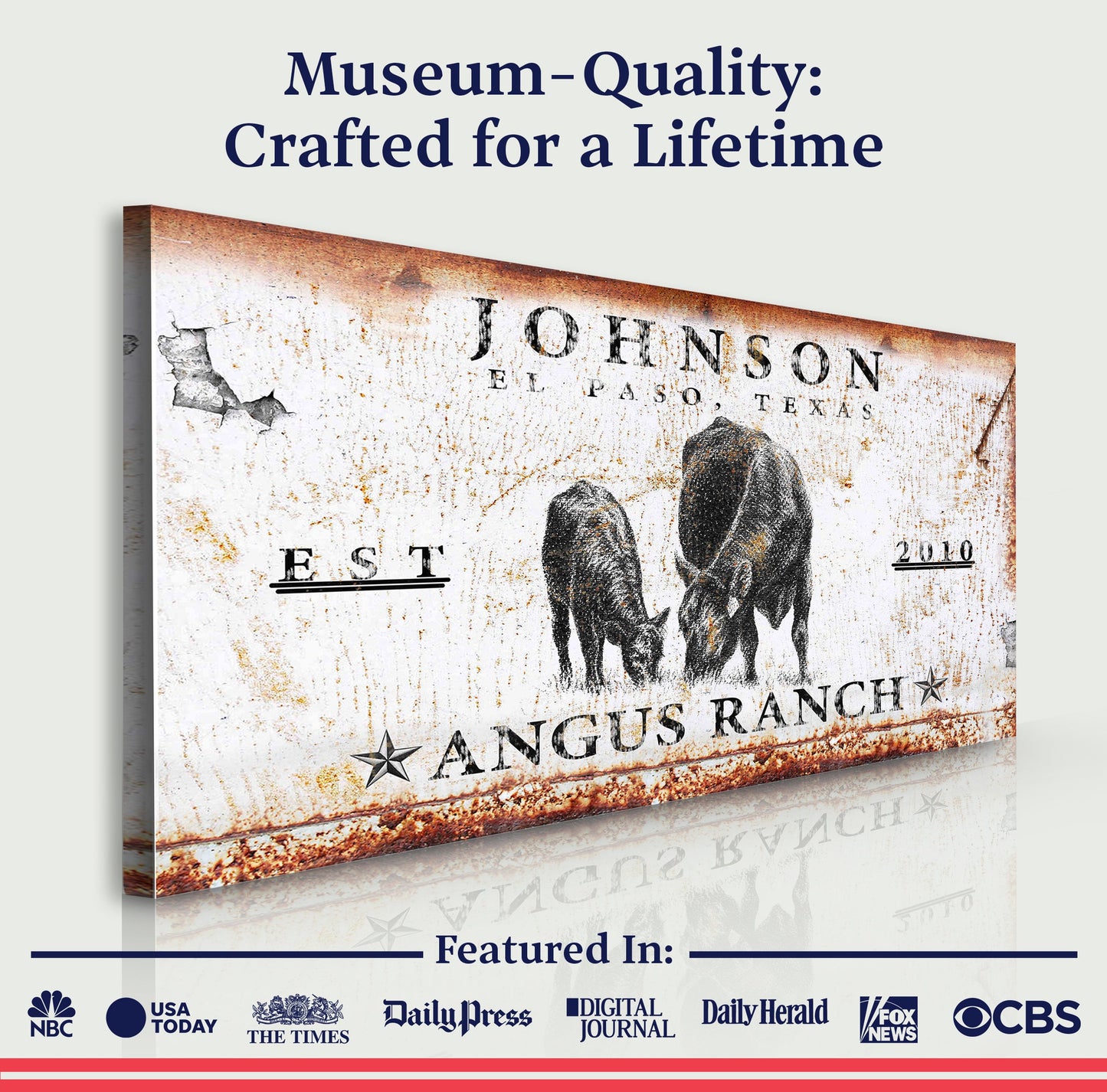 Angus Ranch Sign canvas by Tailored Canvases with a weathered rust finish on Tampa Home & Garden Store