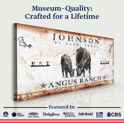 Angus Ranch Sign canvas by Tailored Canvases with a weathered rust finish on Tampa Home & Garden Store