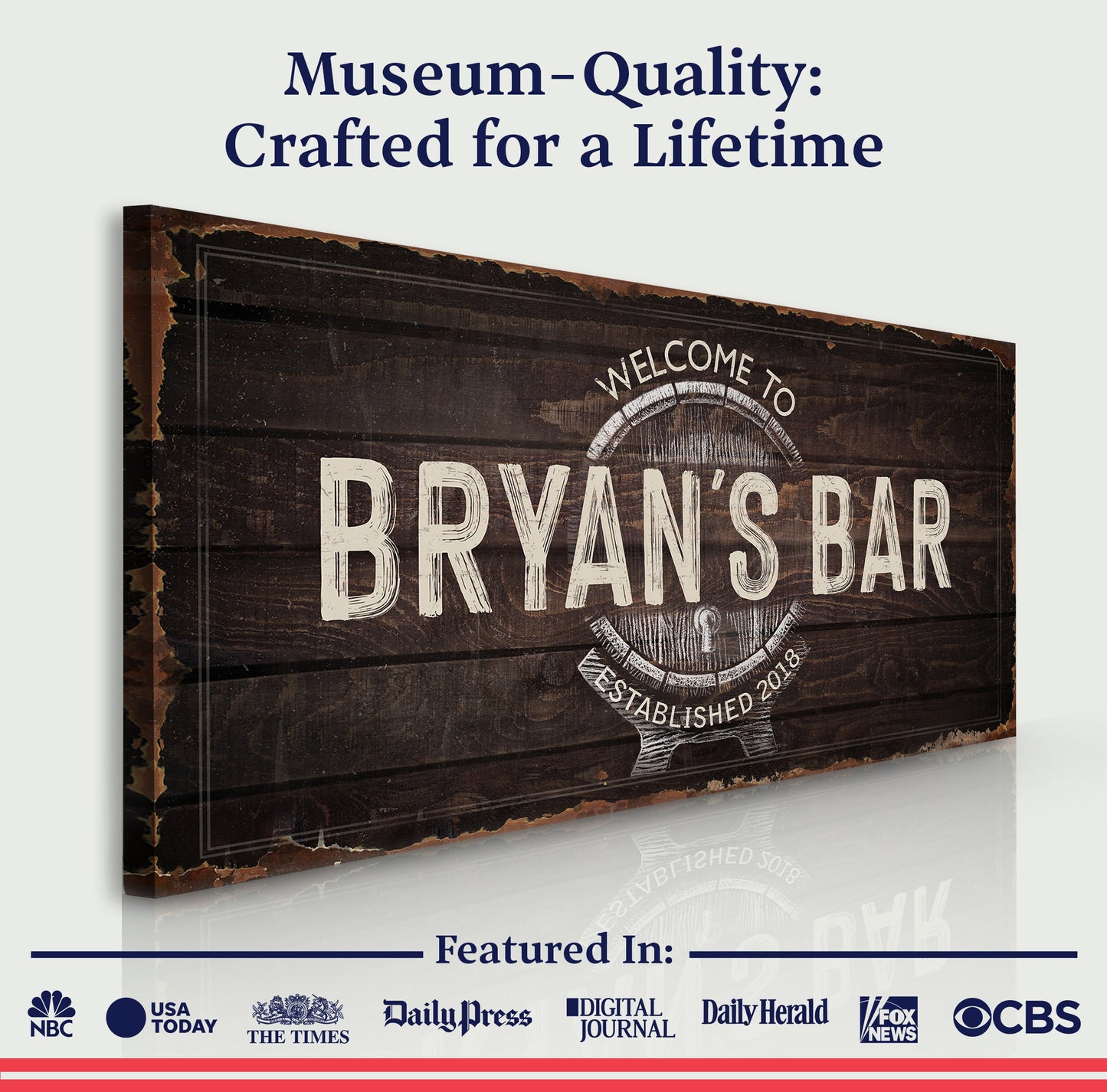 Beer Barrel Bar Sign canvas with distressed wood and white lettering by Tailored Canvases on Tampa Home & Garden Store