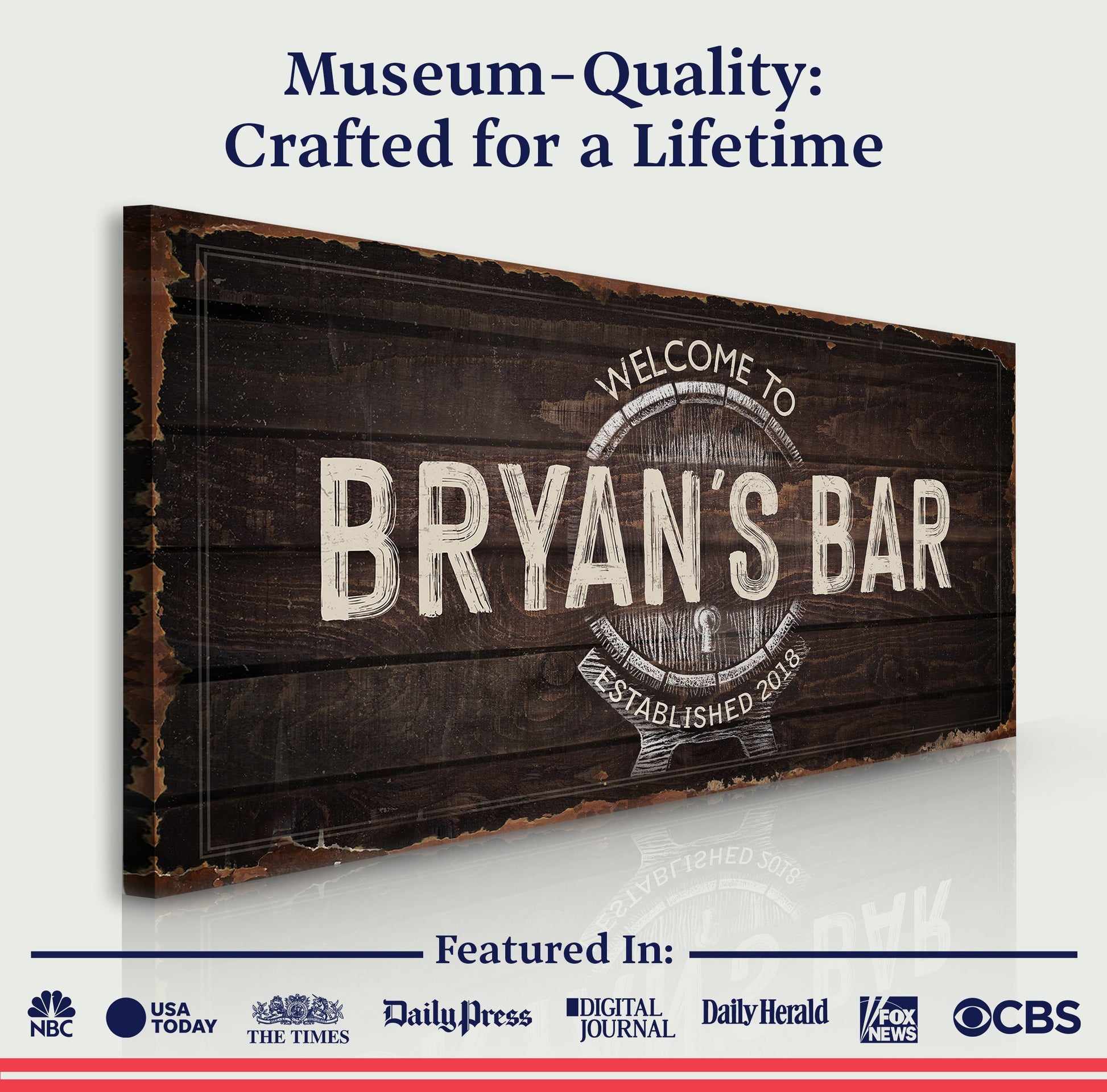 Beer Barrel Bar Sign canvas with distressed wood and white lettering by Tailored Canvases on Tampa Home & Garden Store