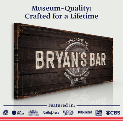 Beer Barrel Bar Sign canvas with distressed wood and white lettering by Tailored Canvases on Tampa Home & Garden Store