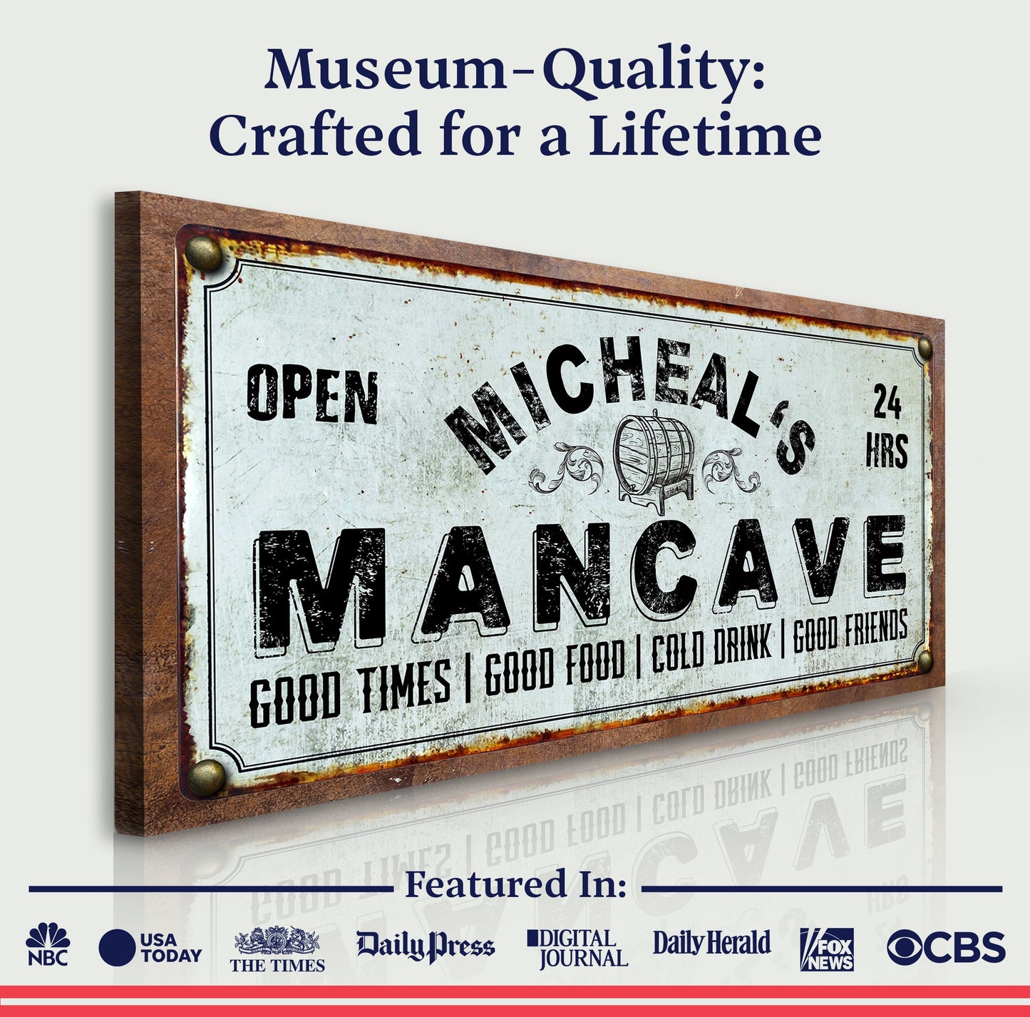 Man Cave sign canvas by Tailored Canvases with rustic wood frame on Tampa Home & Garden Store
