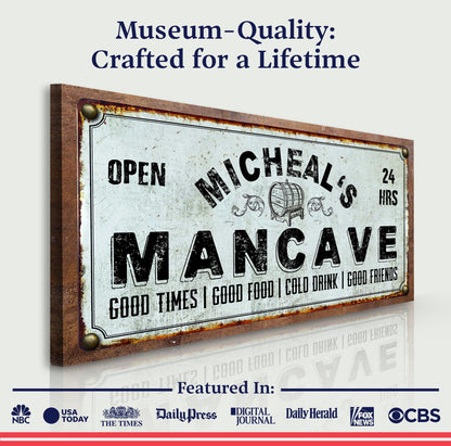 Man Cave sign canvas by Tailored Canvases with rustic wood frame on Tampa Home & Garden Store