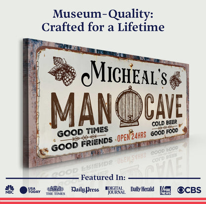 Man Cave Sign III canvas wall art with rusty sign look and bold MAN CAVE Tailored Canvases on Tampa Home & Garden Store