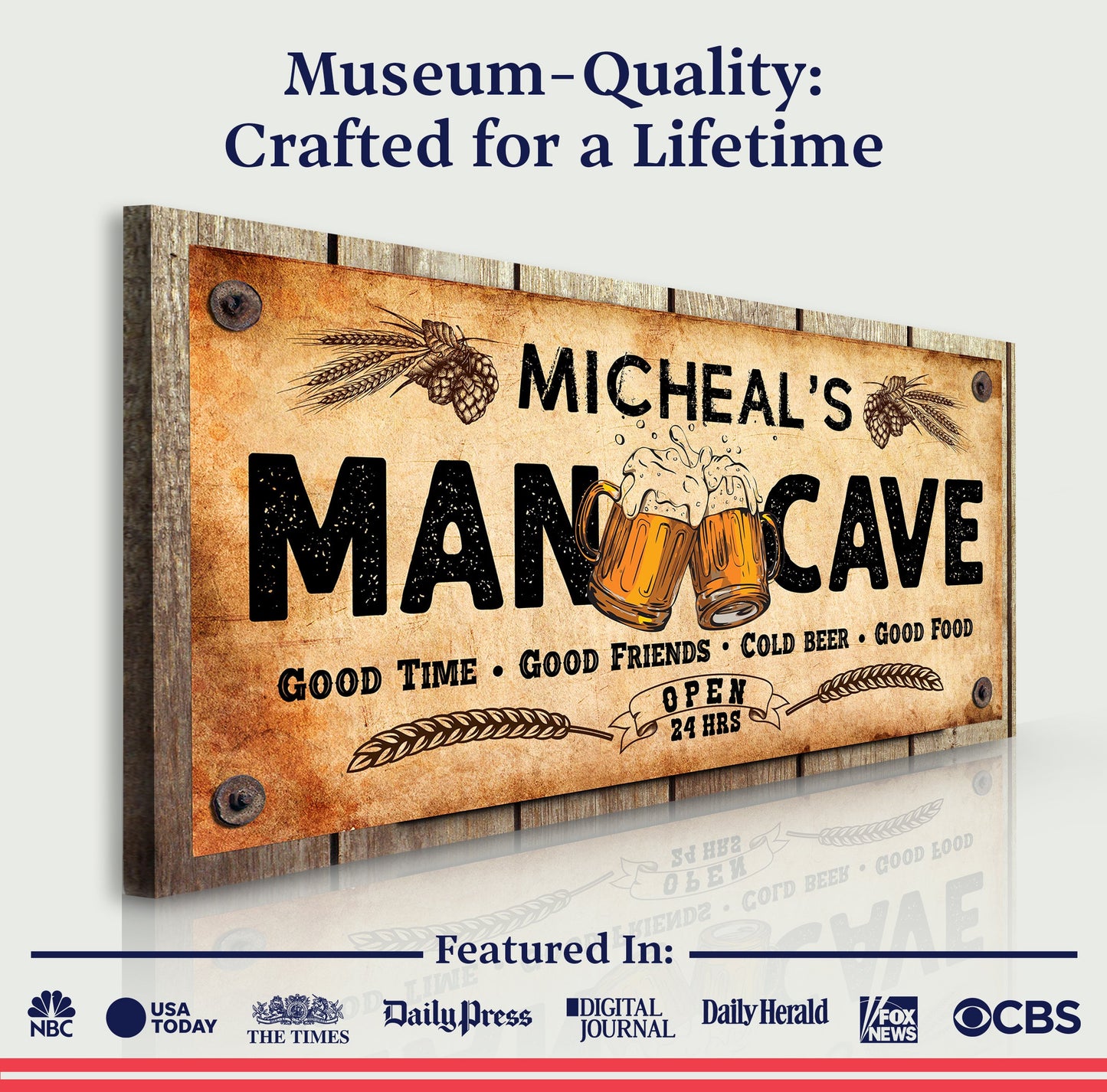 Man Cave Sign IV canvas wall art with rustic wood panel, bold MAN CAVE lettering and beer mug Tailored Canvases on Tampa Home & Garden Store