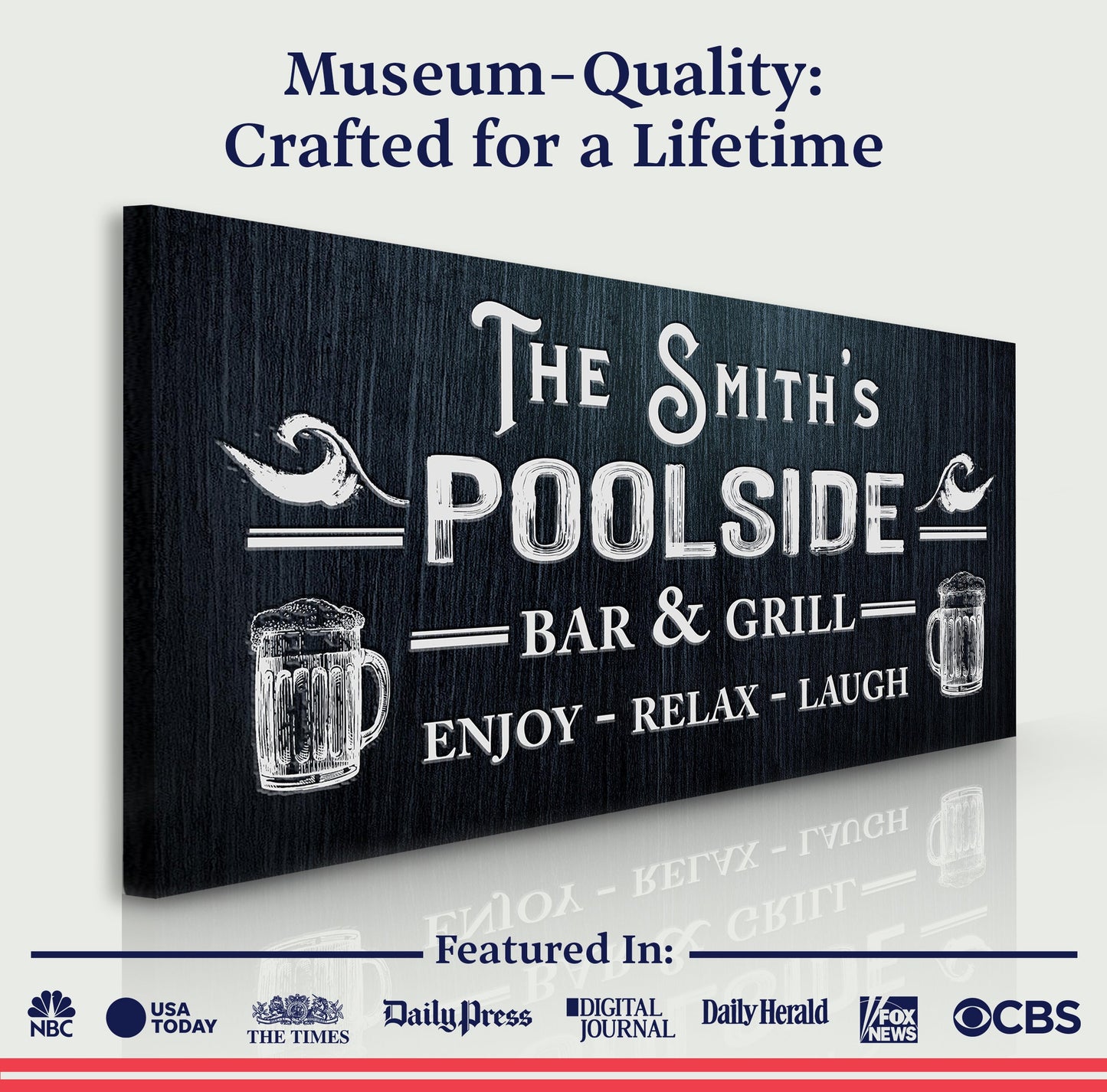Personalized Poolside Bar & Grill Sign II canvas by Tailored Canvases with dark wood texture on Tampa Home & Garden Store