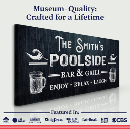 Personalized Poolside Bar & Grill Sign II canvas by Tailored Canvases with dark wood texture on Tampa Home & Garden Store
