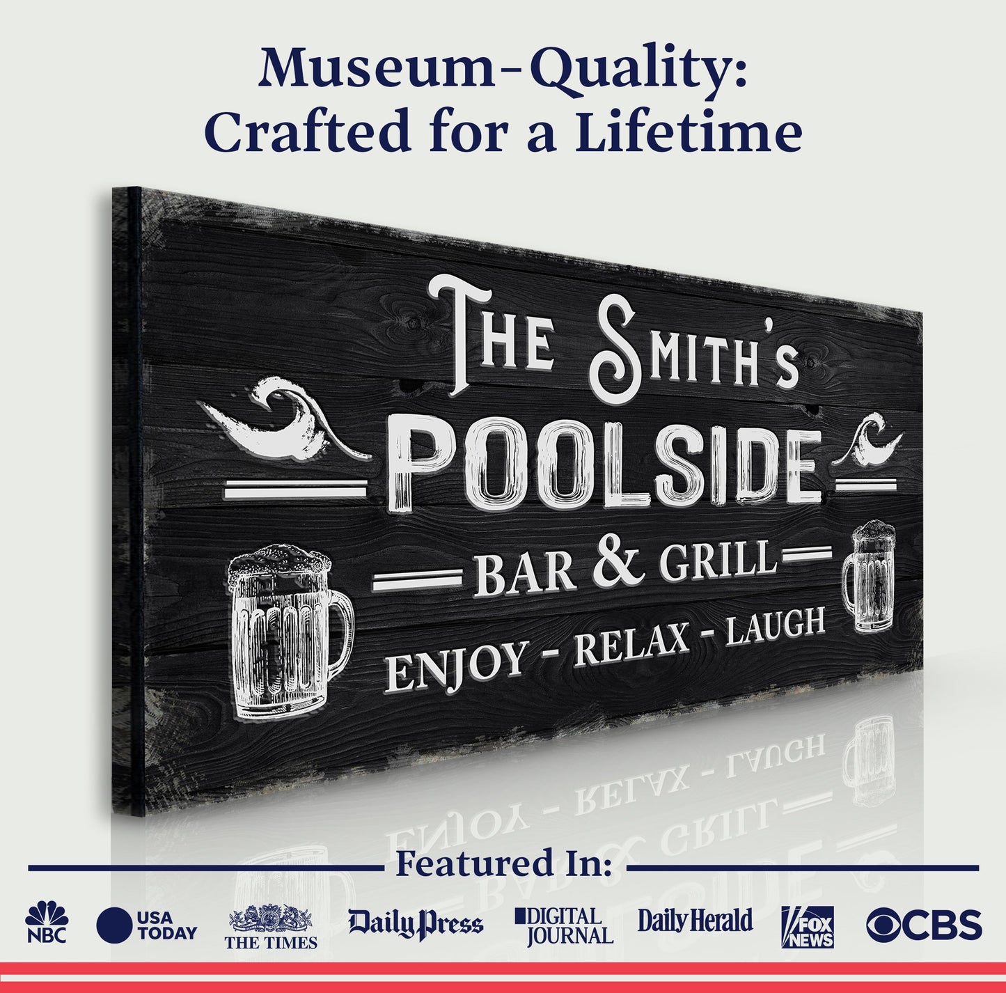 Tailored Canvases Poolside Bar And Grill Sign III canvas with rustic wood and white lettering on Tampa Home & Garden Store