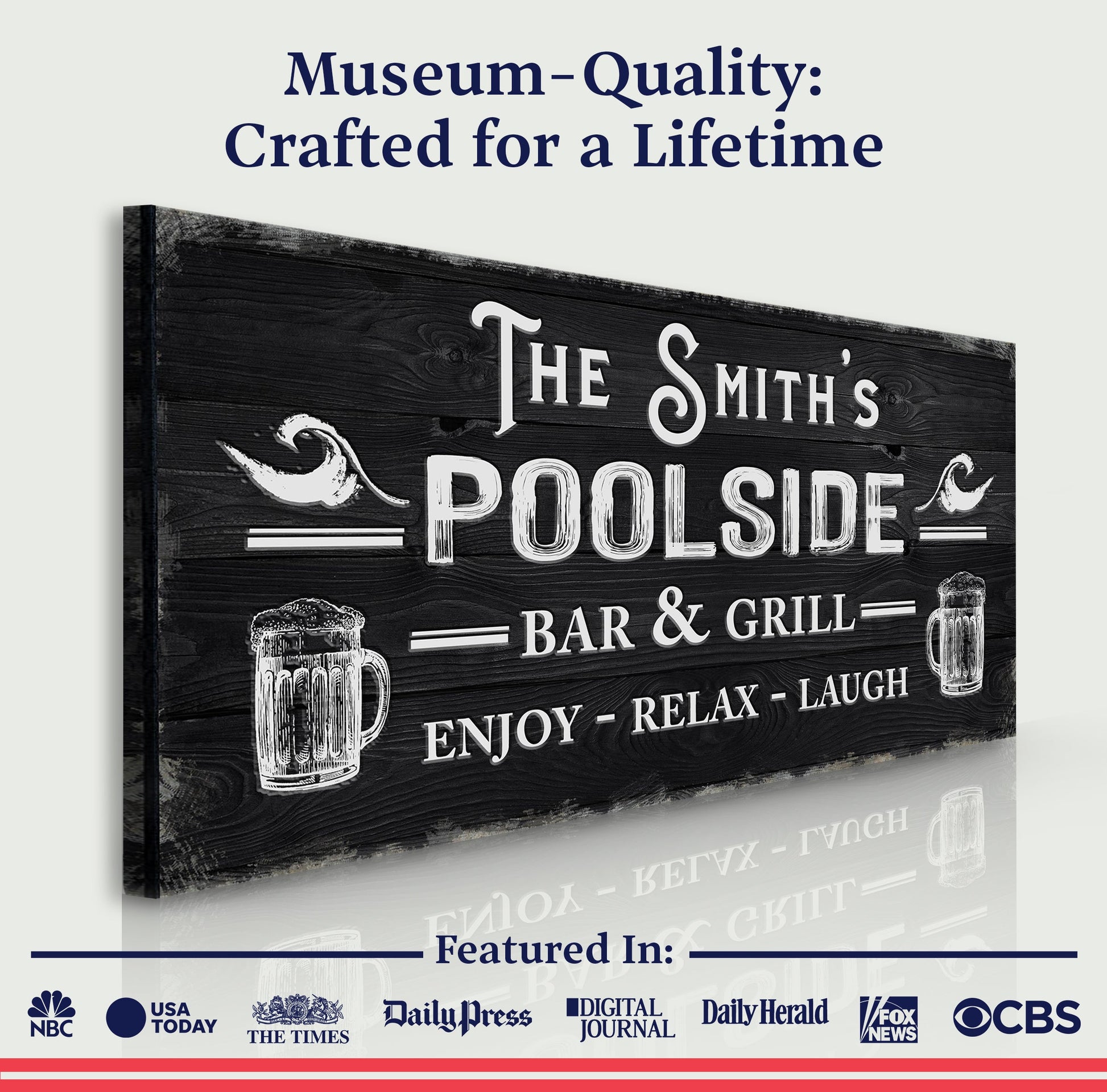 Tailored Canvases Poolside Bar And Grill Sign III canvas with rustic wood and white lettering on Tampa Home & Garden Store