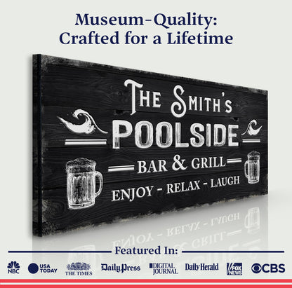 Tailored Canvases Poolside Bar And Grill Sign III canvas with rustic wood and white lettering on Tampa Home & Garden Store