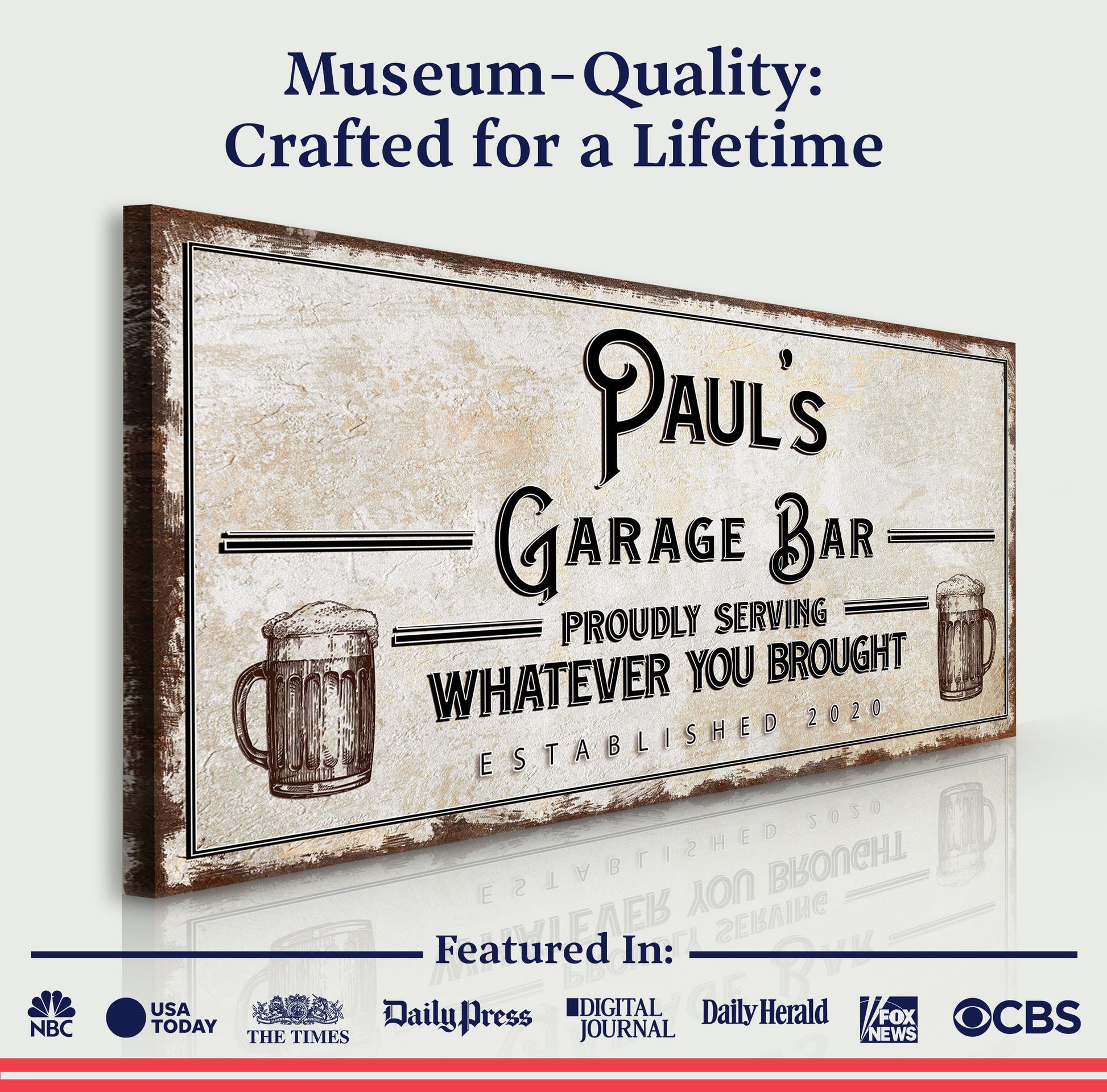 Canvas Personalized Rustic Garage Sign for Home Bar with lettering and beer mugs on parchment on Tampa Home & Garden Store