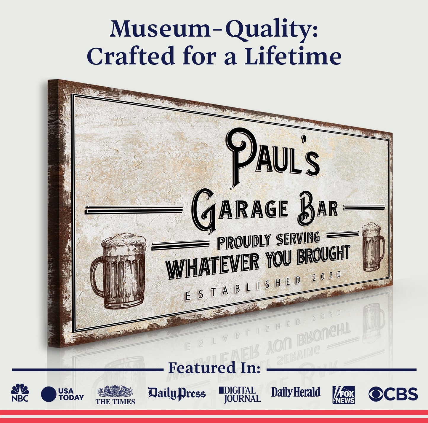 Garage Bar Sign canvas by Tailored Canvases, vintage distressed lettering and beer mug accents on Tampa Home & Garden Store