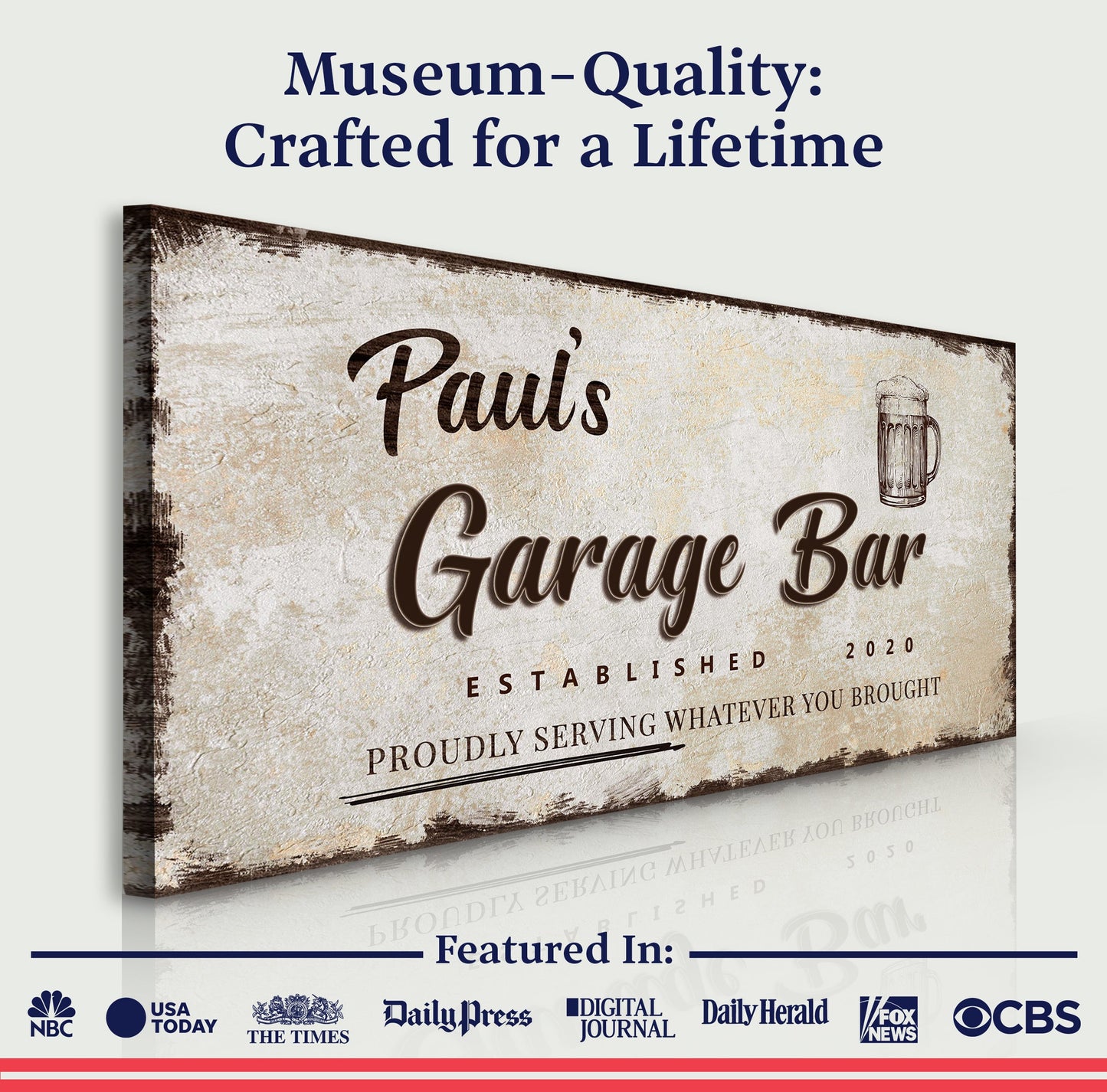 Garage Bar Sign VIII canvas by Tailored Canvases with a distressed beige vintage texture on Tampa Home & Garden Store