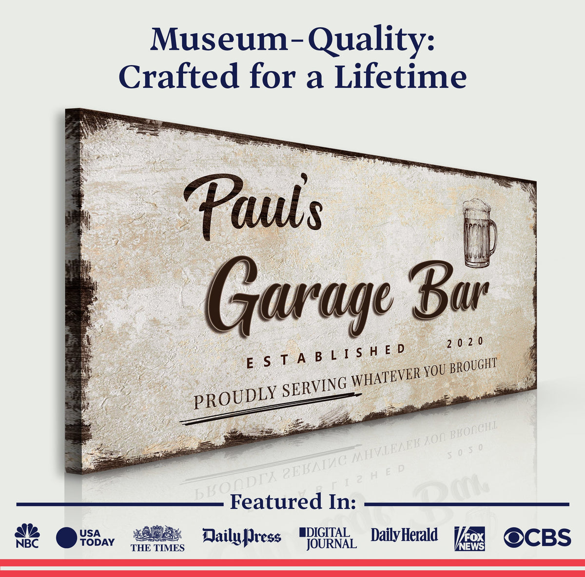 Garage Bar Sign VIII canvas by Tailored Canvases with a distressed beige vintage texture on Tampa Home & Garden Store