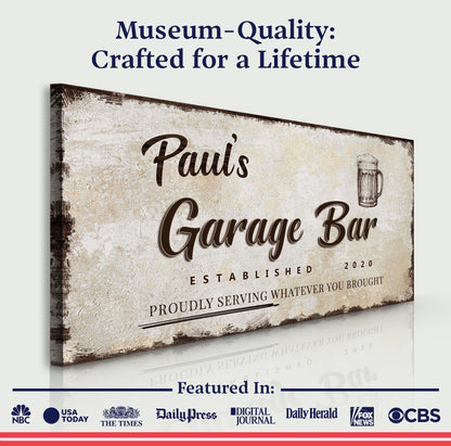 Garage Bar Sign VIII canvas by Tailored Canvases with a distressed beige vintage texture on Tampa Home & Garden Store