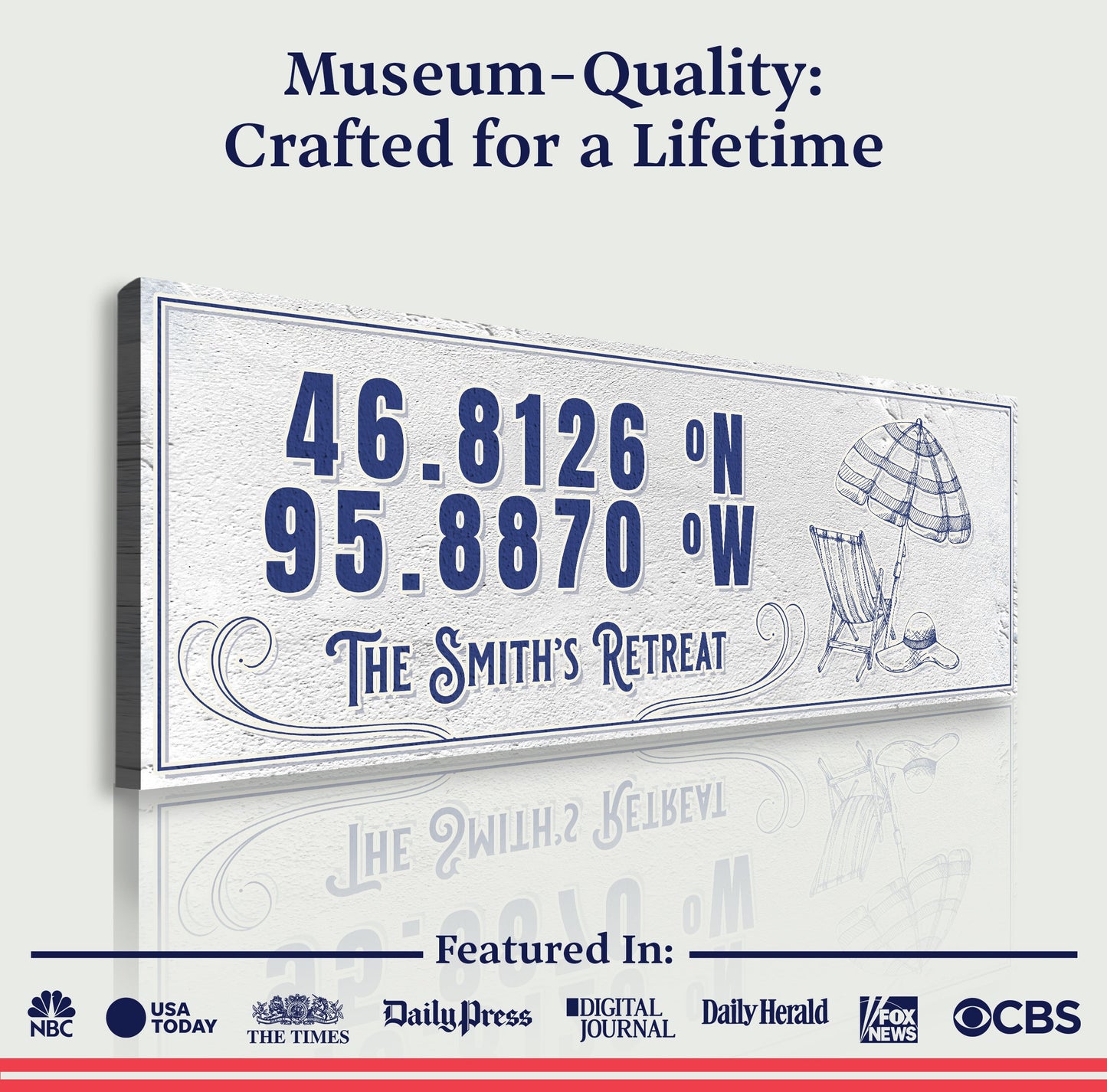 House Retreat Coordinates Sign canvas featuring blue numbers 46.8126 N 95.8870 W and seaside art on Tampa Home & Garden Store