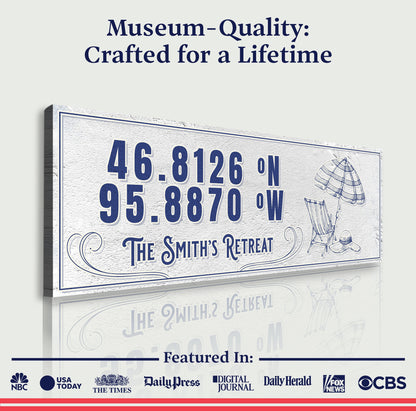 House Retreat Coordinates Sign canvas featuring blue numbers 46.8126 N 95.8870 W and seaside art on Tampa Home & Garden Store
