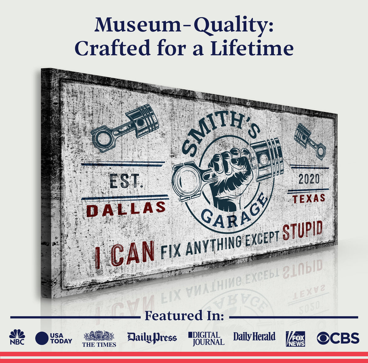Family Garage Sign canvas by Tailored Canvases in distressed vintage print with engine graphics on Tampa Home & Garden Store
