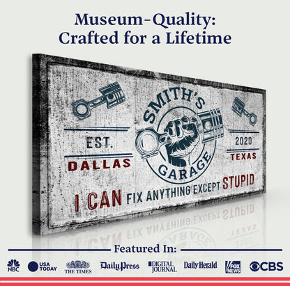 Family Garage Sign canvas by Tailored Canvases in distressed vintage print with engine graphics on Tampa Home & Garden Store