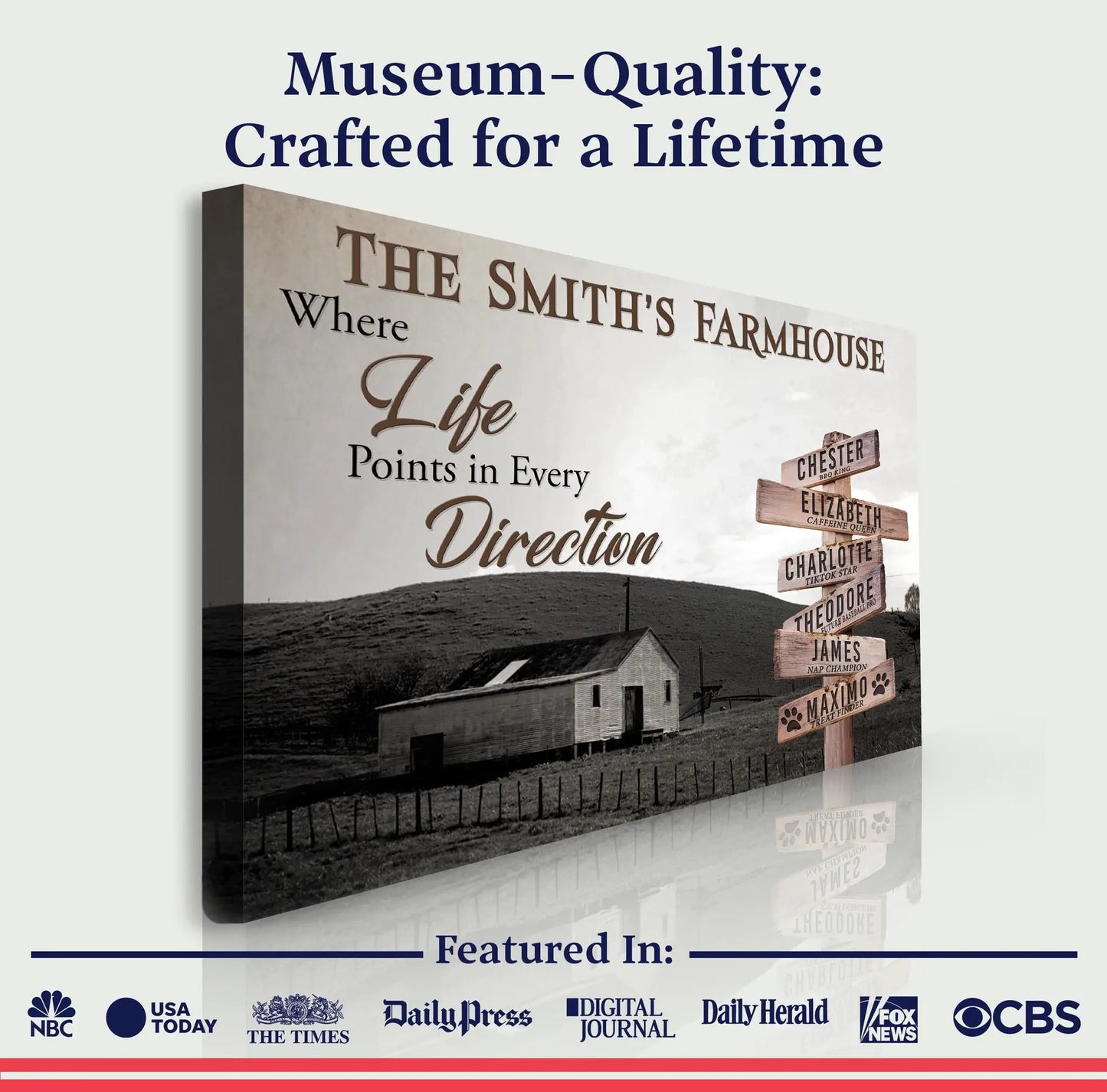 Where Life Points In Every Direction Farmhouse Names Sign canvas print with rustic signpost on Tampa Home & Garden Store