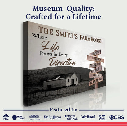 Where Life Points In Every Direction Farmhouse Names Sign canvas print with rustic signpost on Tampa Home & Garden Store