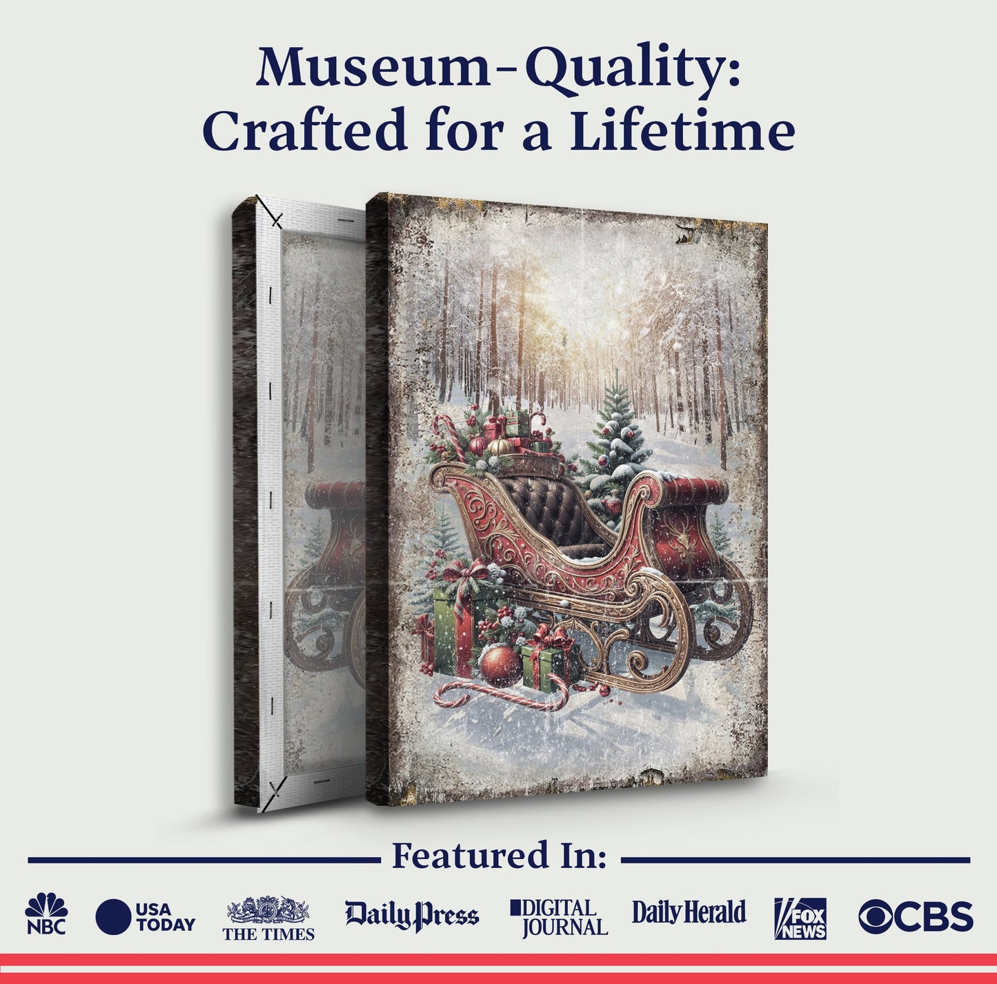 Canvas wall art Vintage Christmas Sleigh Sled by Tailored Canvases; snowy forest sleigh scene on Tampa Home & Garden Store