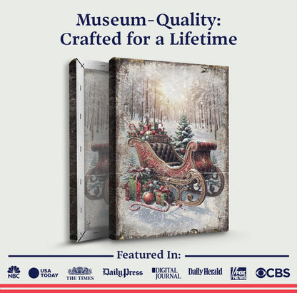 Canvas wall art Vintage Christmas Sleigh Sled by Tailored Canvases; snowy forest sleigh scene on Tampa Home & Garden Store