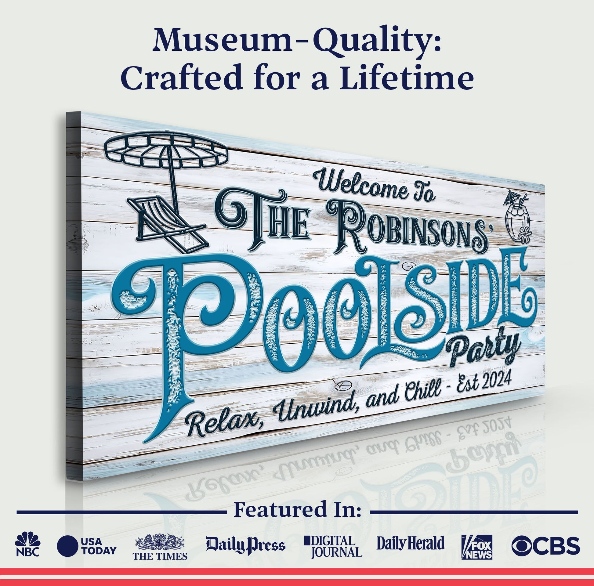 Personalized Pool Party Sign canvas by Tailored Canvases with blue lettering on rustic wood on Tampa Home & Garden Store