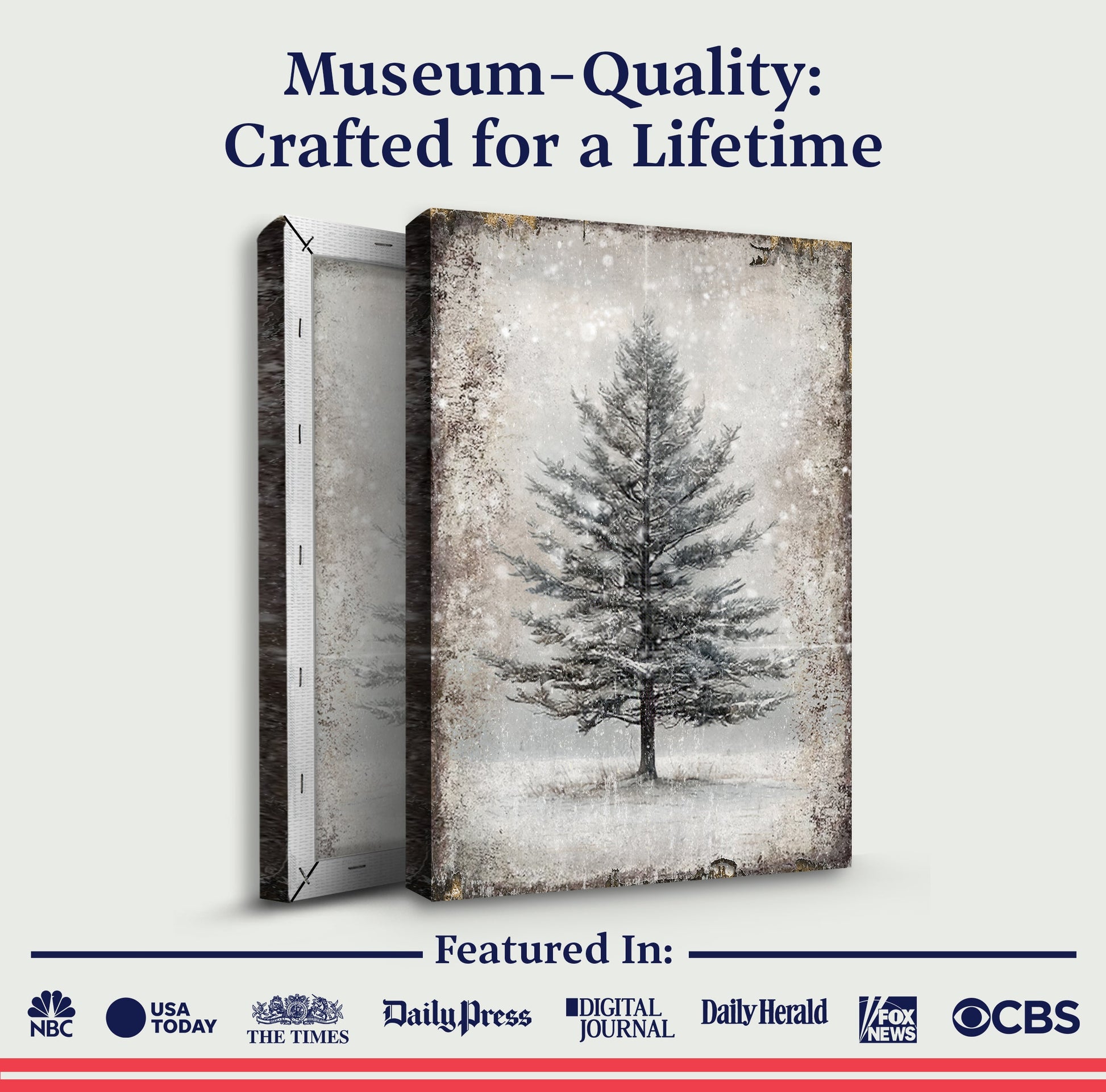Vintage Christmas Tree Wall Art canvas featuring snowy forest with free personalized card on Tampa Home & Garden Store