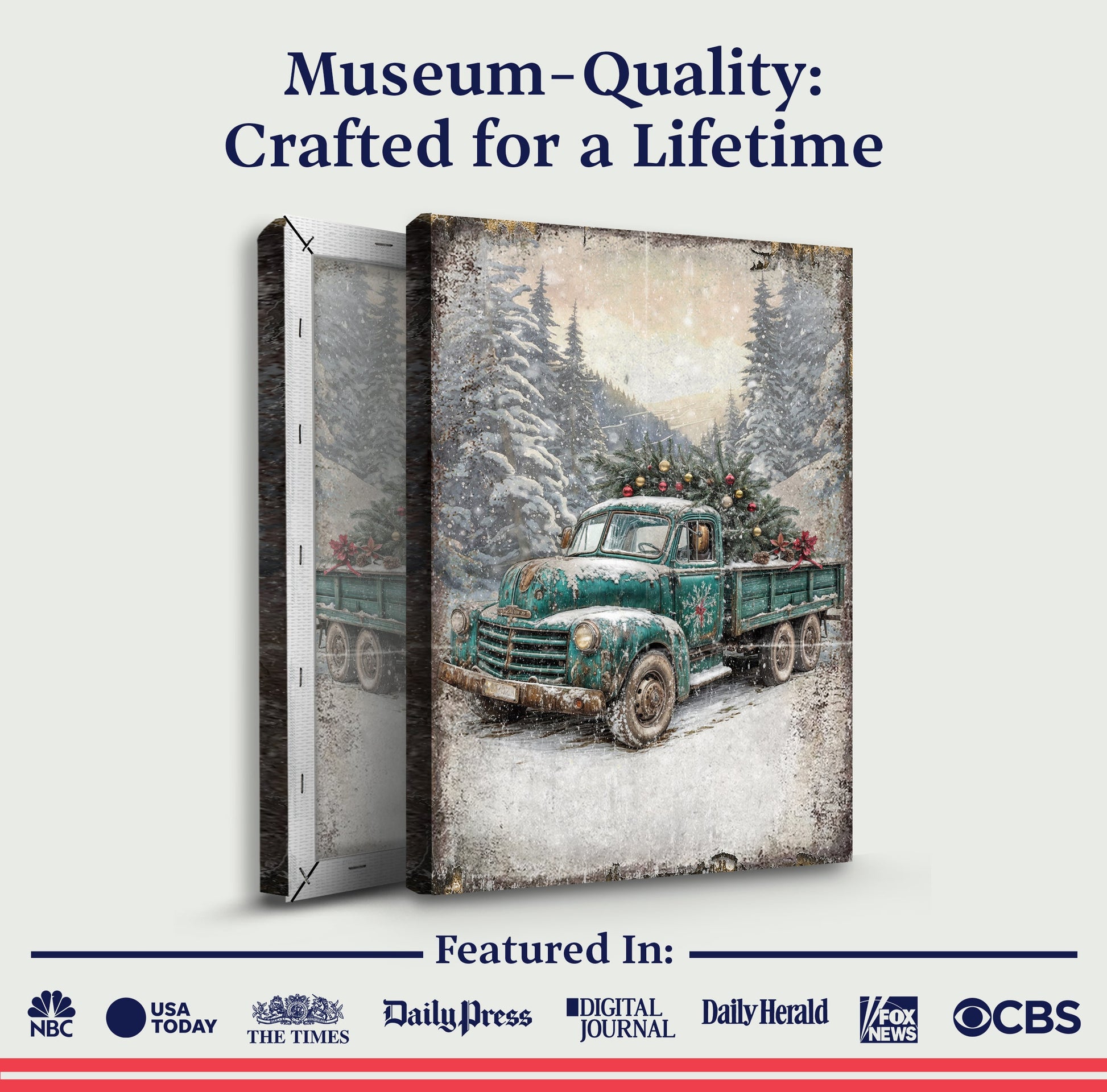 Vintage truck with Christmas tree wall art canvas triptych snow scene Tailored Canvases on Tampa Home & Garden Store