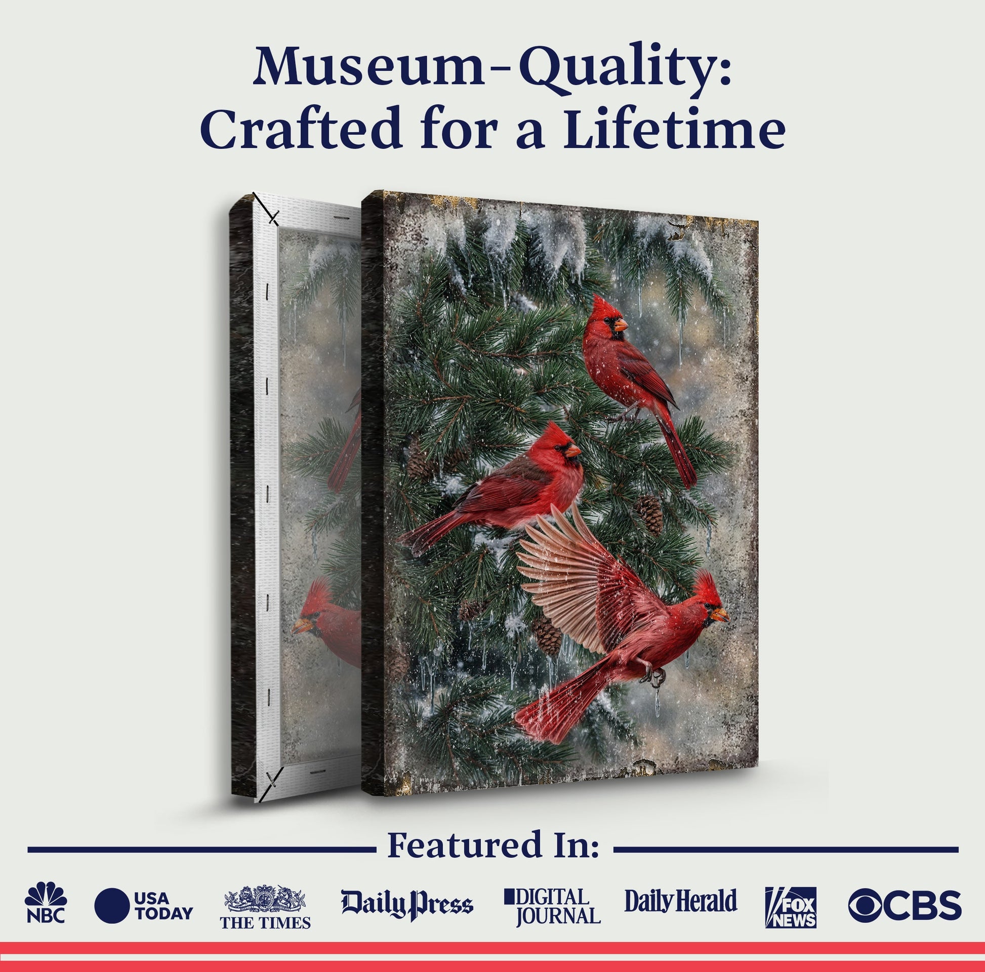 Vintage Cardinal Christmas Wall Art II canvas by Tailored Canvases, red cardinals amid pine on Tampa Home & Garden Store