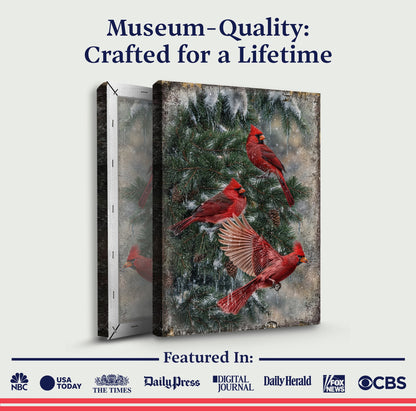 Vintage Cardinal Christmas Wall Art II canvas by Tailored Canvases, red cardinals amid pine on Tampa Home & Garden Store