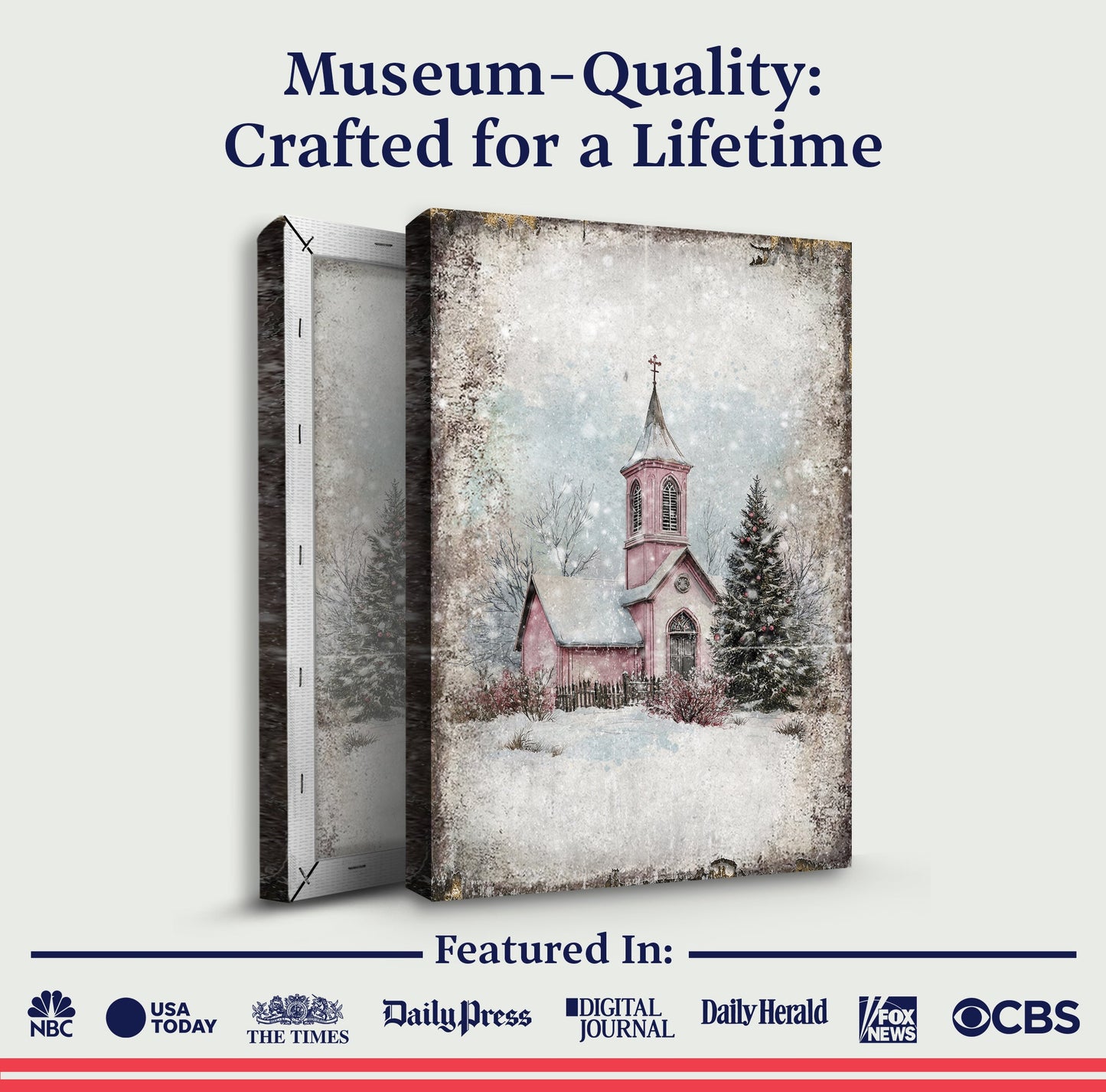 Vintage Church Christmas Wall Art canvas triptych by Tailored Canvases featuring a snowy church scene on Tampa Home & Garden Store