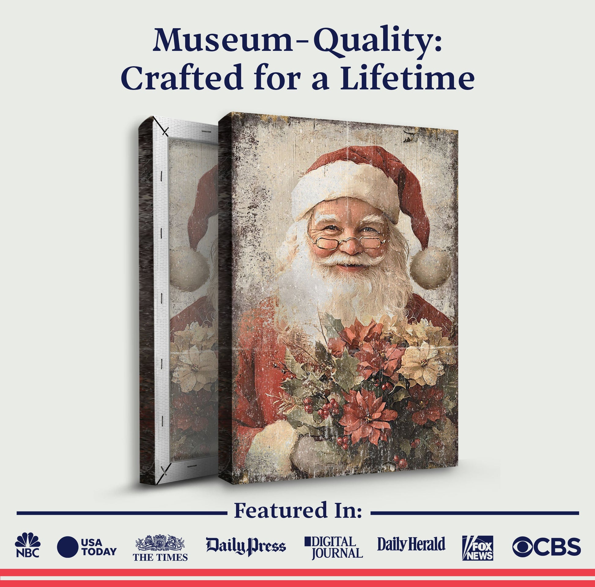 Set of 3 vintage Christmas Santa Claus wall art canvases by Tailored Canvases with a distressed rustic finish on Tampa Home & Garden Store
