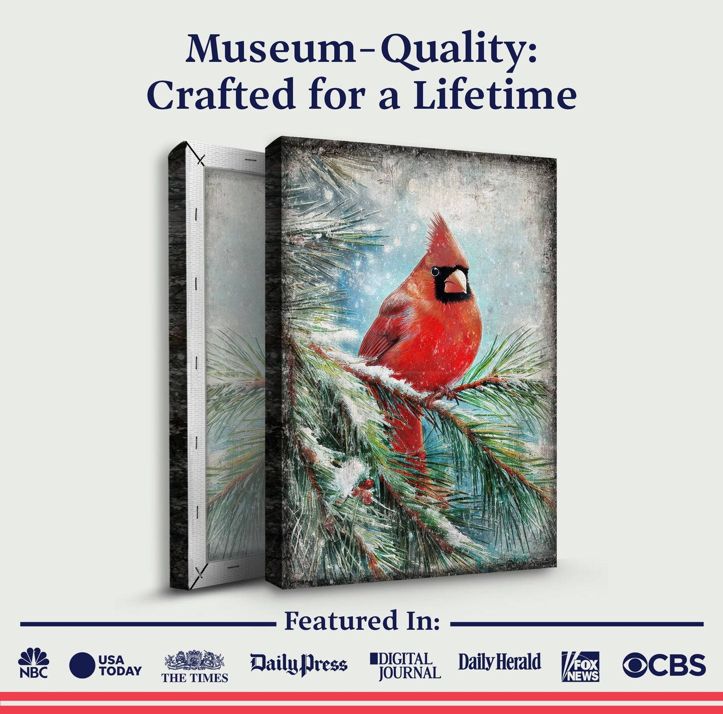 Vintage Cardinal Christmas Wall Art canvas by Tailored Canvases; red cardinal on snowy pine on Tampa Home & Garden Store