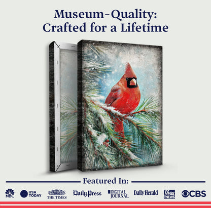 Vintage Cardinal Christmas Wall Art canvas by Tailored Canvases; red cardinal on snowy pine on Tampa Home & Garden Store