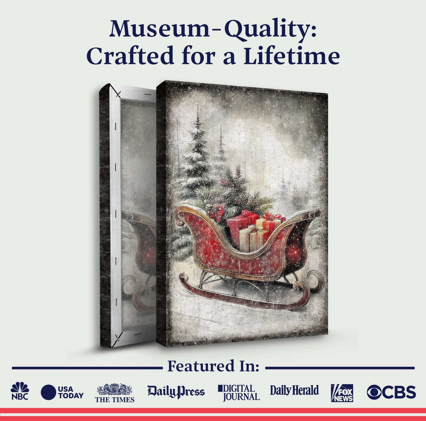 Vintage Christmas Sleigh Sled Wall Art VI canvas by Tailored Canvases; red sleigh with gifts on Tampa Home & Garden Store