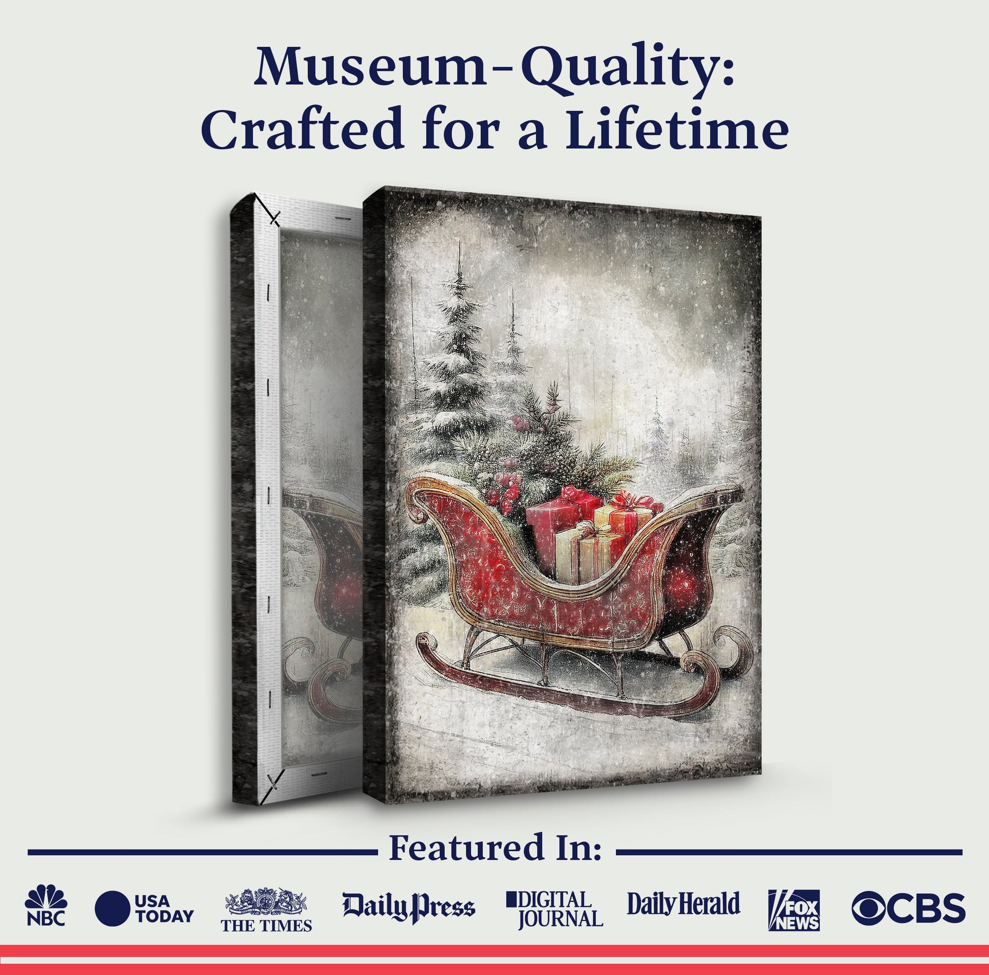 Vintage Christmas Sleigh Sled Wall Art VI canvas by Tailored Canvases; red sleigh with gifts on Tampa Home & Garden Store