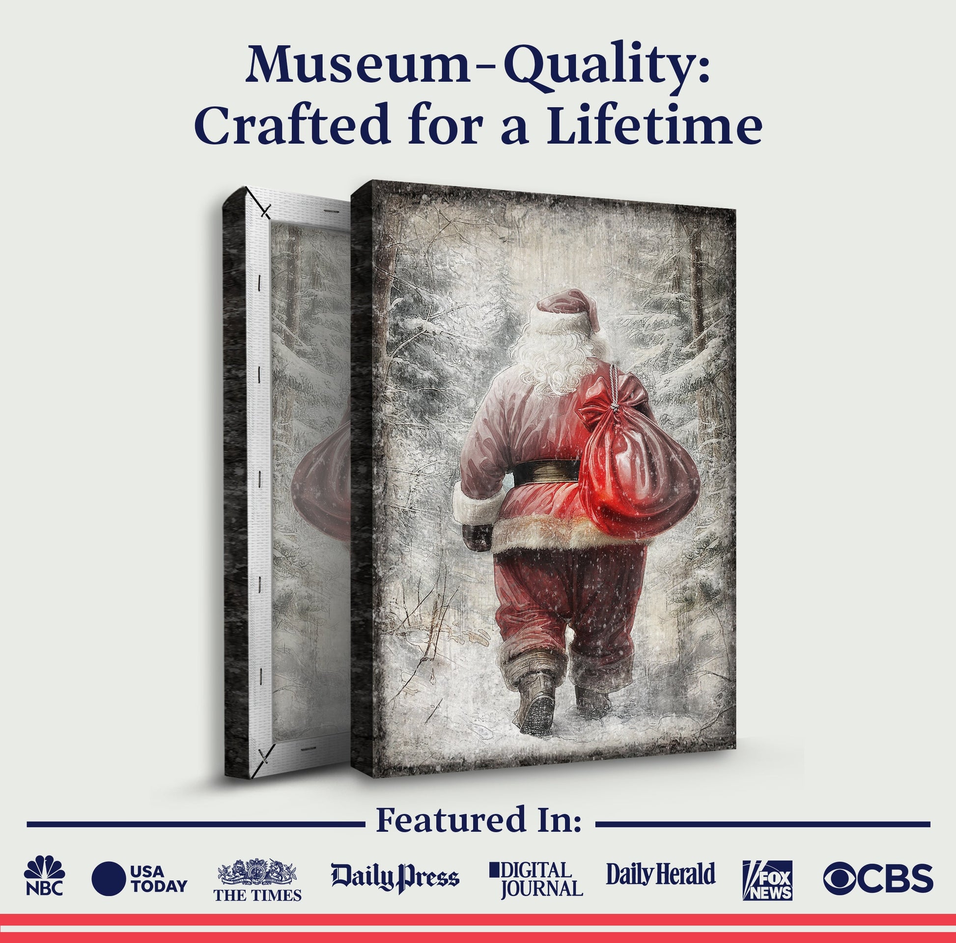 Vintage Christmas Santa Claus wall art canvas triple-panel by Tailored Canvases with background on Tampa Home & Garden Store