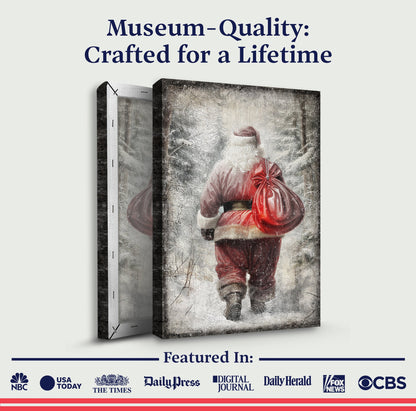 Vintage Christmas Santa Claus wall art canvas triple-panel by Tailored Canvases with background on Tampa Home & Garden Store