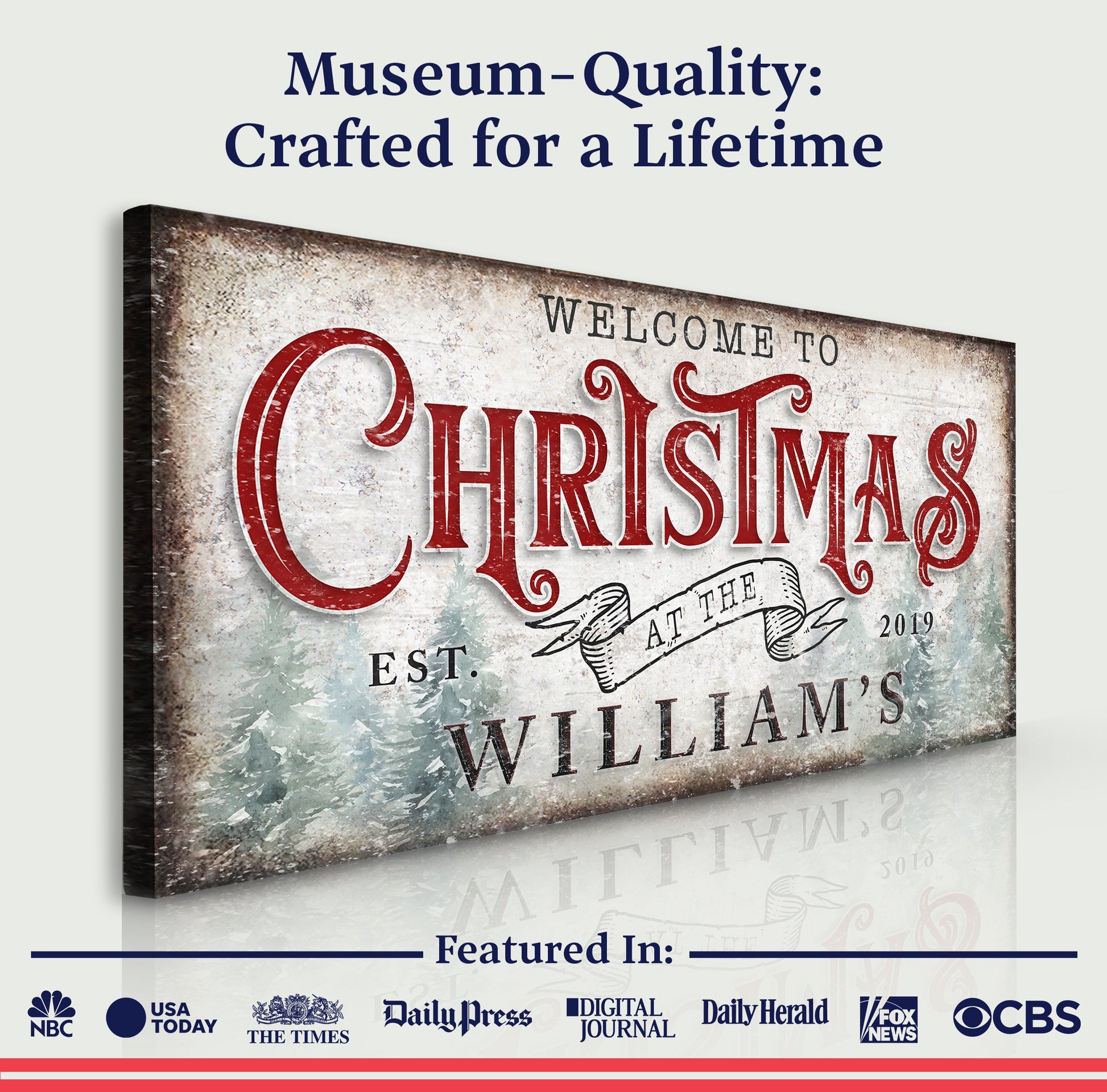 Family Welcome To Christmas Sign IV canvas by Tailored Canvases with finish and red lettering on Tampa Home & Garden Store