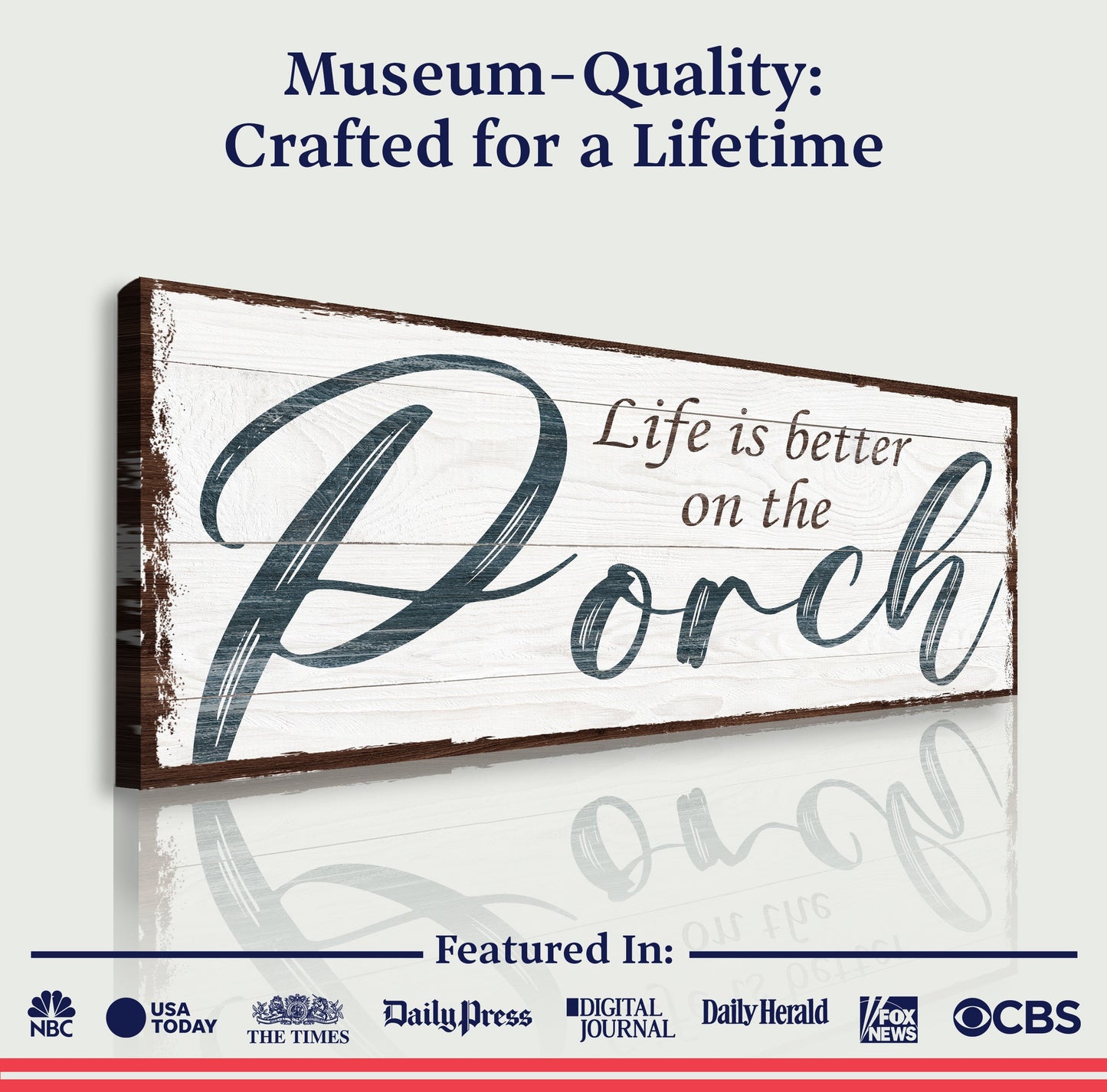 Life Is Better On The Porch Sign II canvas by Tailored Canvases with distressed wood background on Tampa Home & Garden Store