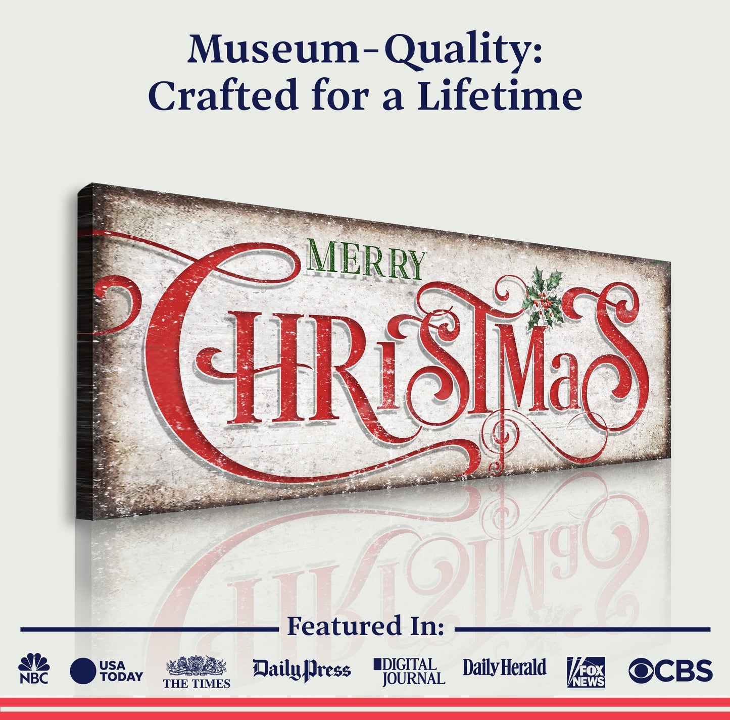 Vintage Merry Christmas Sign III canvas by Tailored Canvases; distressed red script with holly on Tampa Home & Garden Store