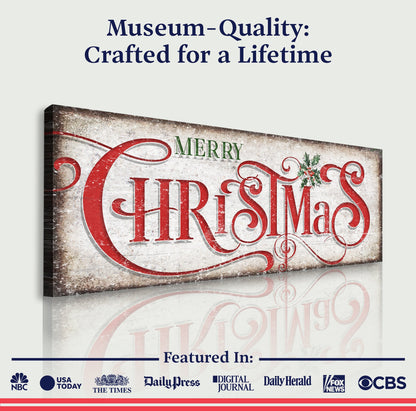 Vintage Merry Christmas Sign III canvas by Tailored Canvases; distressed red script with holly on Tampa Home & Garden Store