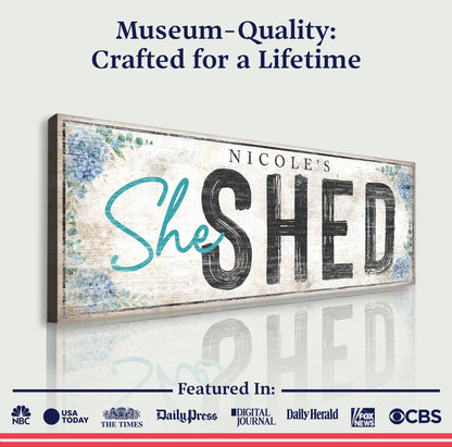 Personalized She Shed Sign XI canvas by Tailored Canvases; distressed wood background, teal script She, bold black SHED on Tampa Home & Garden Store